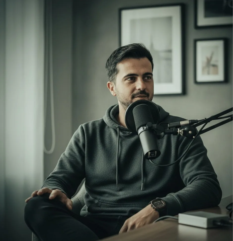 Manu Gijón ante un micrófono de podcast