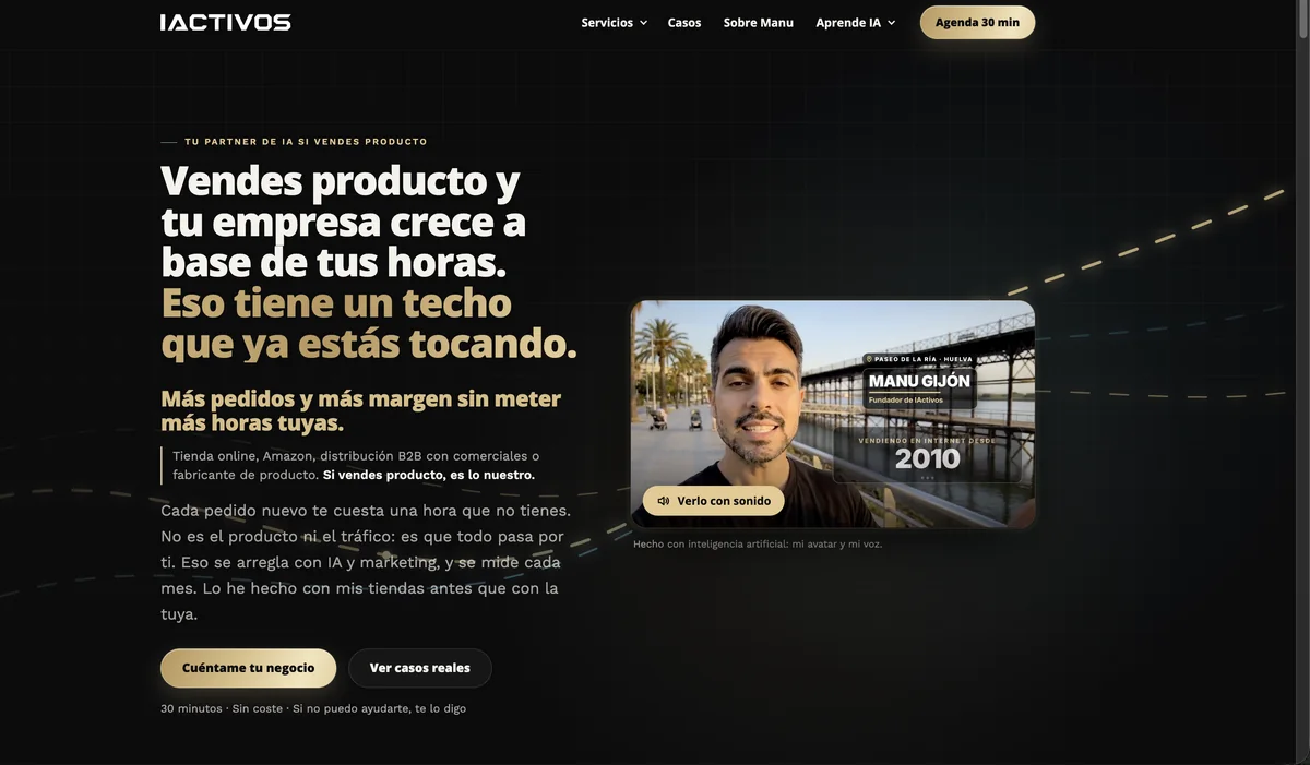 Portada de iactivos.com con el vídeo del avatar de Manu Gijón hecho con inteligencia artificial