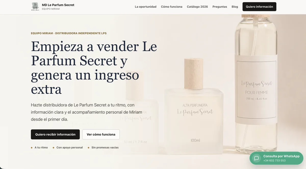 Web actual de Le Parfum Secret, distribuidora independiente del equipo de Miriam