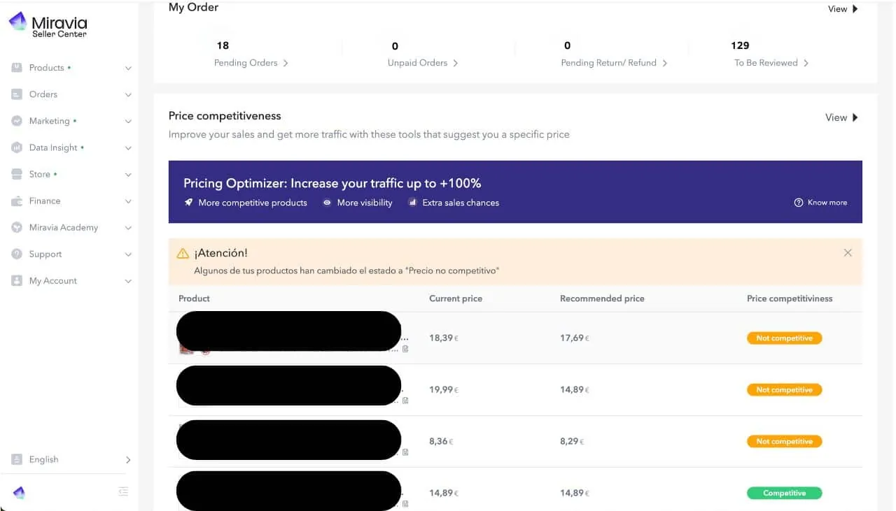 Panel de vendedor de Miravia con pedidos y precios de producto